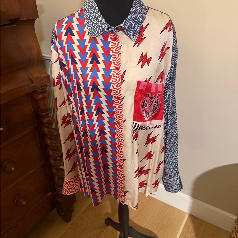 Colorful Patterned Shirt with Tiger Pocket